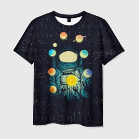 Мужская футболка 3D с принтом Космический жонглер , 100% полиэфир | прямой крой, круглый вырез горловины, длина до линии бедер | астронавт | венера | вселенная | галактика | звезда | земля | космонавт | космос | марс | меркурий | планеты | сатурн | свет | скафандр | солнце | стекло | тени | уран | юпитер