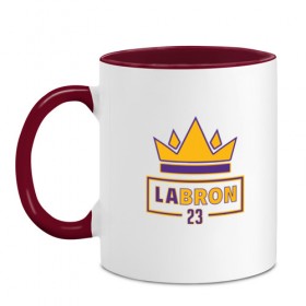 Кружка двухцветная с принтом Lebron - Lakers , керамика | объем — 330 мл, диаметр — 80 мм. Цветная ручка и кайма сверху, в некоторых цветах — вся внутренняя часть | Тематика изображения на принте: 