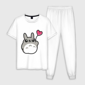 Мужская пижама хлопок с принтом Love Totoro , 100% хлопок | брюки и футболка прямого кроя, без карманов, на брюках мягкая резинка на поясе и по низу штанин
 | forest | friend | ghibli | japan | keeper | nature | neigbor | neighbour | totoro | анимация | аниме | гибли | дерево | друг | животные | лес | любовь | милый | мир | миядзаки | мульт | мультфильм | природа | сердце | сосед | тоторо