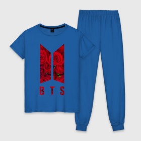 Женская пижама хлопок с принтом BTS Roses , 100% хлопок | брюки и футболка прямого кроя, без карманов, на брюках мягкая резинка на поясе и по низу штанин | bangtan | beyond | boys | bts | bulletproof | k pop | roses | scene | suga | the | арэма | бтс | джин | корейский | лого | логотип | музыка | поп | розы | чина | шуга