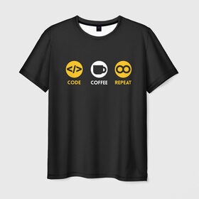 Мужская футболка 3D с принтом Code Coffee Repeat , 100% полиэфир | прямой крой, круглый вырез горловины, длина до линии бедер | admin | administrator | calm | code | coder | coding | engineer | job | keep | programmer | администратор | айти | инженер | код | кодинг | программа | программист | профессия | сисадмин