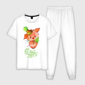 Мужская пижама хлопок с принтом Свинка с ёлкой , 100% хлопок | брюки и футболка прямого кроя, без карманов, на брюках мягкая резинка на поясе и по низу штанин
 | 