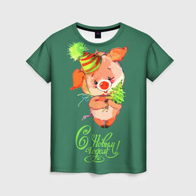 Женская футболка 3D с принтом Свинка с ёлкой , 100% полиэфир ( синтетическое хлопкоподобное полотно) | прямой крой, круглый вырез горловины, длина до линии бедер | 