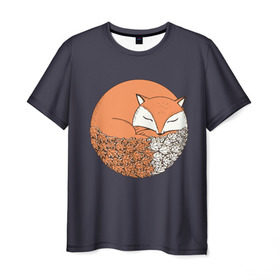 Мужская футболка 3D с принтом Лисичка и Осенние Листочки , 100% полиэфир | прямой крой, круглый вырез горловины, длина до линии бедер | 
