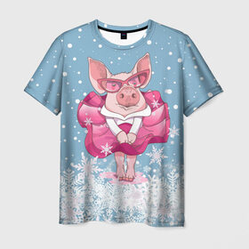 Мужская футболка 3D с принтом Свинка в розовом , 100% полиэфир | прямой крой, круглый вырез горловины, длина до линии бедер | 2019 | год свиньи | милая свинка | новогодний подарок | новый год | новый год 2019 | подарок на новый год | прикольная свинка | свинка в розовом | свинья | символ 2019 года | снег | снежинки