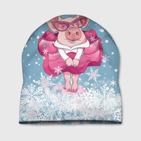 Шапка 3D с принтом Свинка в розовом , 100% полиэстер | универсальный размер, печать по всей поверхности изделия | 2019 | год свиньи | милая свинка | новогодний подарок | новый год | новый год 2019 | подарок на новый год | прикольная свинка | свинка в розовом | свинья | символ 2019 года | снег | снежинки