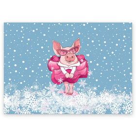 Поздравительная открытка с принтом Свинка в розовом , 100% бумага | плотность бумаги 280 г/м2, матовая, на обратной стороне линовка и место для марки
 | 2019 | год свиньи | милая свинка | новогодний подарок | новый год | новый год 2019 | подарок на новый год | прикольная свинка | свинка в розовом | свинья | символ 2019 года | снег | снежинки