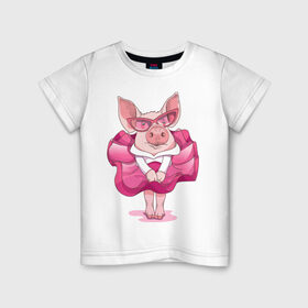 Детская футболка хлопок с принтом Свинка в розовом , 100% хлопок | круглый вырез горловины, полуприлегающий силуэт, длина до линии бедер | 2019 | год свиньи | милая свинка | новогодний подарок | новый год | новый год 2019 | подарок на новый год | прикольная свинка | свинка в розовом | свинья | символ 2019 года | снег | снежинки