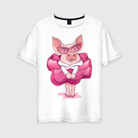 Женская футболка хлопок Oversize с принтом Свинка в розовом , 100% хлопок | свободный крой, круглый ворот, спущенный рукав, длина до линии бедер
 | 2019 | год свиньи | милая свинка | новогодний подарок | новый год | новый год 2019 | подарок на новый год | прикольная свинка | свинка в розовом | свинья | символ 2019 года | снег | снежинки