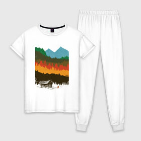 Женская пижама хлопок с принтом Дикая природа , 100% хлопок | брюки и футболка прямого кроя, без карманов, на брюках мягкая резинка на поясе и по низу штанин | горы | дикая природа | дом | лес | лиса | минимализм | развалины | сарай
