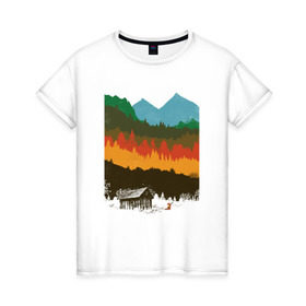 Женская футболка хлопок с принтом Дикая природа , 100% хлопок | прямой крой, круглый вырез горловины, длина до линии бедер, слегка спущенное плечо | горы | дикая природа | дом | лес | лиса | минимализм | развалины | сарай