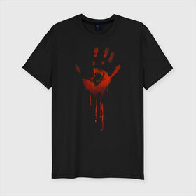 Мужская футболка хлопок Slim с принтом Отпечаток руки , 92% хлопок, 8% лайкра | приталенный силуэт, круглый вырез ворота, длина до линии бедра, короткий рукав | Тематика изображения на принте: halloween | костюм на хэллоуин | кровавая рука | кровавый отпечаток | кровь | рисунок кровью | футболка для хэллоуина | хэллоуин