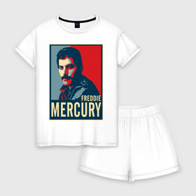 Женская пижама с шортиками хлопок с принтом Freddie Mercury , 100% хлопок | футболка прямого кроя, шорты свободные с широкой мягкой резинкой | freddie mercury | queen | фредди меркьюри