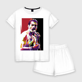Женская пижама с шортиками хлопок с принтом Freddi , 100% хлопок | футболка прямого кроя, шорты свободные с широкой мягкой резинкой | freddie mercury | queen | фредди меркьюри