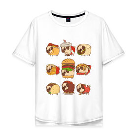 Мужская футболка хлопок Oversize с принтом Мопсы , 100% хлопок | свободный крой, круглый ворот, “спинка” длиннее передней части | Тематика изображения на принте: fastfood | pug | бургер | еда | кола | пицца | собака | фастфуд | хотдог | чипсы | шаурма
