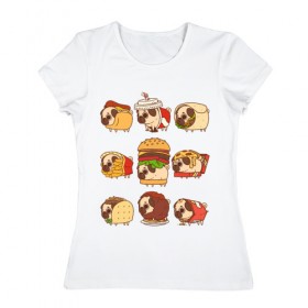 Женская футболка хлопок с принтом Мопсы , 100% хлопок | прямой крой, круглый вырез горловины, длина до линии бедер, слегка спущенное плечо | fastfood | pug | бургер | еда | кола | пицца | собака | фастфуд | хотдог | чипсы | шаурма