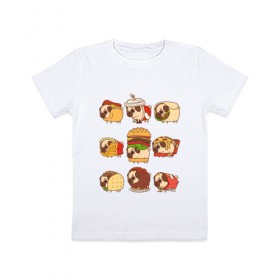 Детская футболка хлопок с принтом Мопсы , 100% хлопок | круглый вырез горловины, полуприлегающий силуэт, длина до линии бедер | Тематика изображения на принте: fastfood | pug | бургер | еда | кола | пицца | собака | фастфуд | хотдог | чипсы | шаурма