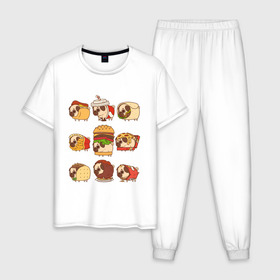 Мужская пижама хлопок с принтом Мопсы , 100% хлопок | брюки и футболка прямого кроя, без карманов, на брюках мягкая резинка на поясе и по низу штанин
 | Тематика изображения на принте: fastfood | pug | бургер | еда | кола | пицца | собака | фастфуд | хотдог | чипсы | шаурма