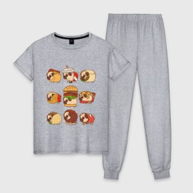 Женская пижама хлопок с принтом Мопсы , 100% хлопок | брюки и футболка прямого кроя, без карманов, на брюках мягкая резинка на поясе и по низу штанин | fastfood | pug | бургер | еда | кола | пицца | собака | фастфуд | хотдог | чипсы | шаурма