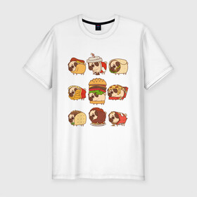 Мужская футболка хлопок Slim с принтом Мопсы , 92% хлопок, 8% лайкра | приталенный силуэт, круглый вырез ворота, длина до линии бедра, короткий рукав | fastfood | pug | бургер | еда | кола | пицца | собака | фастфуд | хотдог | чипсы | шаурма