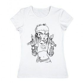Женская футболка хлопок с принтом Yo-landi (светлые) , 100% хлопок | прямой крой, круглый вырез горловины, длина до линии бедер, слегка спущенное плечо | девушка | контур | линиями | нервана | пушки. пистолеты | смайл | хип хоп | юар
