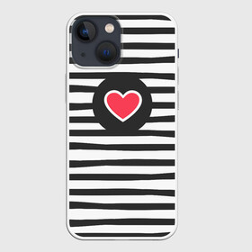 Чехол для iPhone 13 mini с принтом Сердце в полоску ,  |  | black | lines | mochino | белый | москино | полоски | полосы | сердечко | сердце | черный