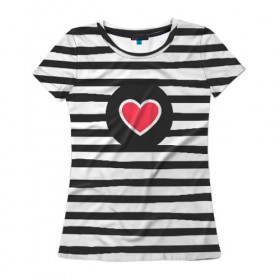 Женская футболка 3D с принтом Сердце в полоску , 100% полиэфир ( синтетическое хлопкоподобное полотно) | прямой крой, круглый вырез горловины, длина до линии бедер | black | lines | mochino | белый | москино | полоски | полосы | сердечко | сердце | черный