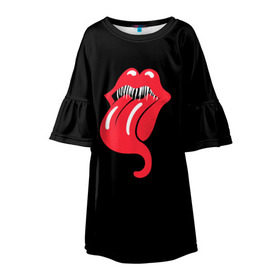 Детское платье 3D с принтом Monsters Kiss , 100% полиэстер | прямой силуэт, чуть расширенный к низу. Круглая горловина, на рукавах — воланы | Тематика изображения на принте: halloween | jagger | lips | mick | monster | rock | rolling | stones | tongue | tooth | вольные | губы | джаггер | зубы | камни | катящиеся | мик | монстер | рок | странники | хеллоуин | хэллоуин | язык