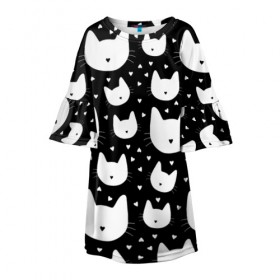 Детское платье 3D с принтом Love Cats Pattern , 100% полиэстер | прямой силуэт, чуть расширенный к низу. Круглая горловина, на рукавах — воланы | Тематика изображения на принте: белый | кот | котенок | котэ | котя | котята | кошка | любовь | мимими | паттерн | сердечки | сердце | силуэт | черный | я люблю кошек