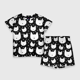 Детский костюм с шортами 3D с принтом Love Cats Pattern ,  |  | белый | кот | котенок | котэ | котя | котята | кошка | любовь | мимими | паттерн | сердечки | сердце | силуэт | черный | я люблю кошек