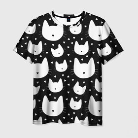 Мужская футболка 3D с принтом Love Cats Pattern , 100% полиэфир | прямой крой, круглый вырез горловины, длина до линии бедер | белый | кот | котенок | котэ | котя | котята | кошка | любовь | мимими | паттерн | сердечки | сердце | силуэт | черный | я люблю кошек