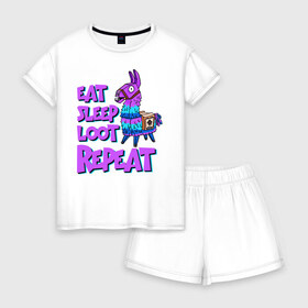 Женская пижама с шортиками хлопок с принтом Eat, Sleep, Loot, Repeat , 100% хлопок | футболка прямого кроя, шорты свободные с широкой мягкой резинкой | fortnite | fortnite battle royale | lama | лама | фортнайт