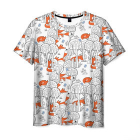 Мужская футболка 3D с принтом Лисички в зимнем лесу , 100% полиэфир | прямой крой, круглый вырез горловины, длина до линии бедер | Тематика изображения на принте: 
