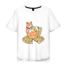Мужская футболка хлопок Oversize с принтом Пицца Кот , 100% хлопок | свободный крой, круглый ворот, “спинка” длиннее передней части | Тематика изображения на принте: 