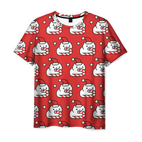 Мужская футболка 3D с принтом Новогодние Милые Котики , 100% полиэфир | прямой крой, круглый вырез горловины, длина до линии бедер | дед мороз | кот | котенок | котик | котэ | красный | новый год | паттерн | подарок | рождество | снежинка