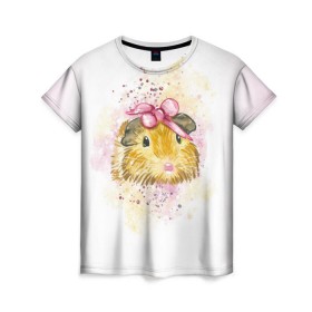 Женская футболка 3D с принтом Морская свинка акварелью , 100% полиэфир ( синтетическое хлопкоподобное полотно) | прямой крой, круглый вырез горловины, длина до линии бедер | акварель | грызун | милота | морская | свинка | хомяк