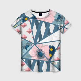 Женская футболка 3D с принтом Геометрия цветов , 100% полиэфир ( синтетическое хлопкоподобное полотно) | прямой крой, круглый вырез горловины, длина до линии бедер | геометрия | полосы | роза | розовый | синий | цветы