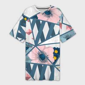 Платье-футболка 3D с принтом Геометрия цветов ,  |  | геометрия | полосы | роза | розовый | синий | цветы