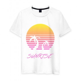 Мужская футболка хлопок с принтом Retro sunrise , 100% хлопок | прямой крой, круглый вырез горловины, длина до линии бедер, слегка спущенное плечо. | Тематика изображения на принте: retro | sunrise | пальмы | розовый | солнце
