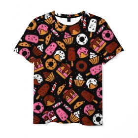 Мужская футболка 3D с принтом Вкусняшки , 100% полиэфир | прямой крой, круглый вырез горловины, длина до линии бедер | еда | кекс | клубника | конфеты | кулинария | леденец | мороженое | пекарь | печеньки | пирожное | повар | пончик | сладости | эскимо