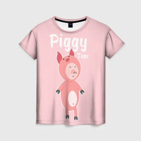 Женская футболка 3D с принтом Piggy Time , 100% полиэфир ( синтетическое хлопкоподобное полотно) | прямой крой, круглый вырез горловины, длина до линии бедер | 2019 | merry christmas | new year | год свиньи | зима | новый год | поросенок | праздник | рождество | свинка | свинья