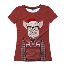 Женская футболка 3D с принтом New Year Pig , 100% полиэфир ( синтетическое хлопкоподобное полотно) | прямой крой, круглый вырез горловины, длина до линии бедер | 2019 | merry christmas | new year | год свиньи | зима | новый год | поросенок | праздник | рождество | свинка | свинья
