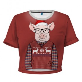 Женская футболка 3D укороченная с принтом New Year Pig , 100% полиэстер | круглая горловина, длина футболки до линии талии, рукава с отворотами | 2019 | merry christmas | new year | год свиньи | зима | новый год | поросенок | праздник | рождество | свинка | свинья