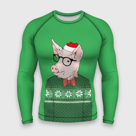 Мужской рашгард 3D с принтом New Year Hipster Pig ,  |  | 2019 | merry christmas | new year | год свиньи | зима | новый год | поросенок | праздник | рождество | свинка | свинья