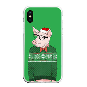 Чехол для iPhone XS Max матовый с принтом New Year Hipster Pig , Силикон | Область печати: задняя сторона чехла, без боковых панелей | 2019 | merry christmas | new year | год свиньи | зима | новый год | поросенок | праздник | рождество | свинка | свинья