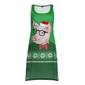 Платье-майка 3D с принтом New Year Hipster Pig , 100% полиэстер | полуприлегающий силуэт, широкие бретели, круглый вырез горловины, удлиненный подол сзади. | 2019 | merry christmas | new year | год свиньи | зима | новый год | поросенок | праздник | рождество | свинка | свинья