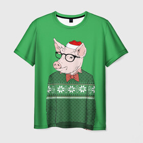 Мужская футболка 3D с принтом New Year Hipster Pig , 100% полиэфир | прямой крой, круглый вырез горловины, длина до линии бедер | Тематика изображения на принте: 2019 | merry christmas | new year | год свиньи | зима | новый год | поросенок | праздник | рождество | свинка | свинья