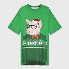 Платье-футболка 3D с принтом New Year Hipster Pig ,  |  | 2019 | merry christmas | new year | год свиньи | зима | новый год | поросенок | праздник | рождество | свинка | свинья