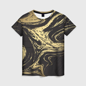 Женская футболка 3D с принтом Золотые реки , 100% полиэфир ( синтетическое хлопкоподобное полотно) | прямой крой, круглый вырез горловины, длина до линии бедер | абстракция | золото | иллюзия | линии | река