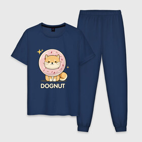 Мужская пижама хлопок с принтом DOgNUT , 100% хлопок | брюки и футболка прямого кроя, без карманов, на брюках мягкая резинка на поясе и по низу штанин
 | акита | детский | лапочка | милый | мимими | пес | пончик | собака | хаски | щенок